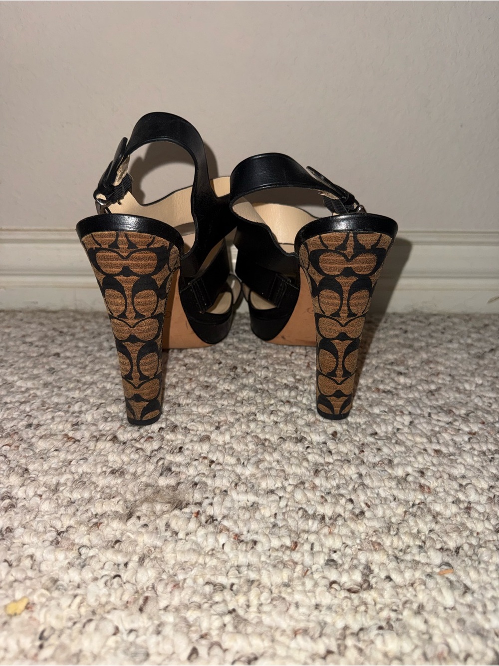 Coach Black Leather Strappy Heels with Signature Logo Block Heels